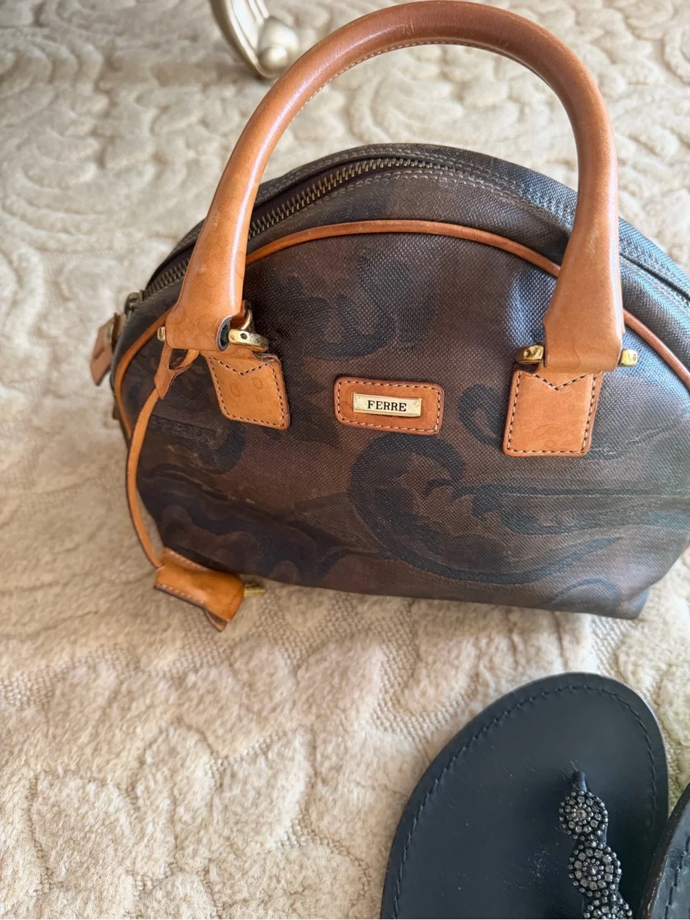 GIANFRANCO FERRE SMALL Patterned Dome Satchel -cognac LEATHER TRIM. VINTAGE